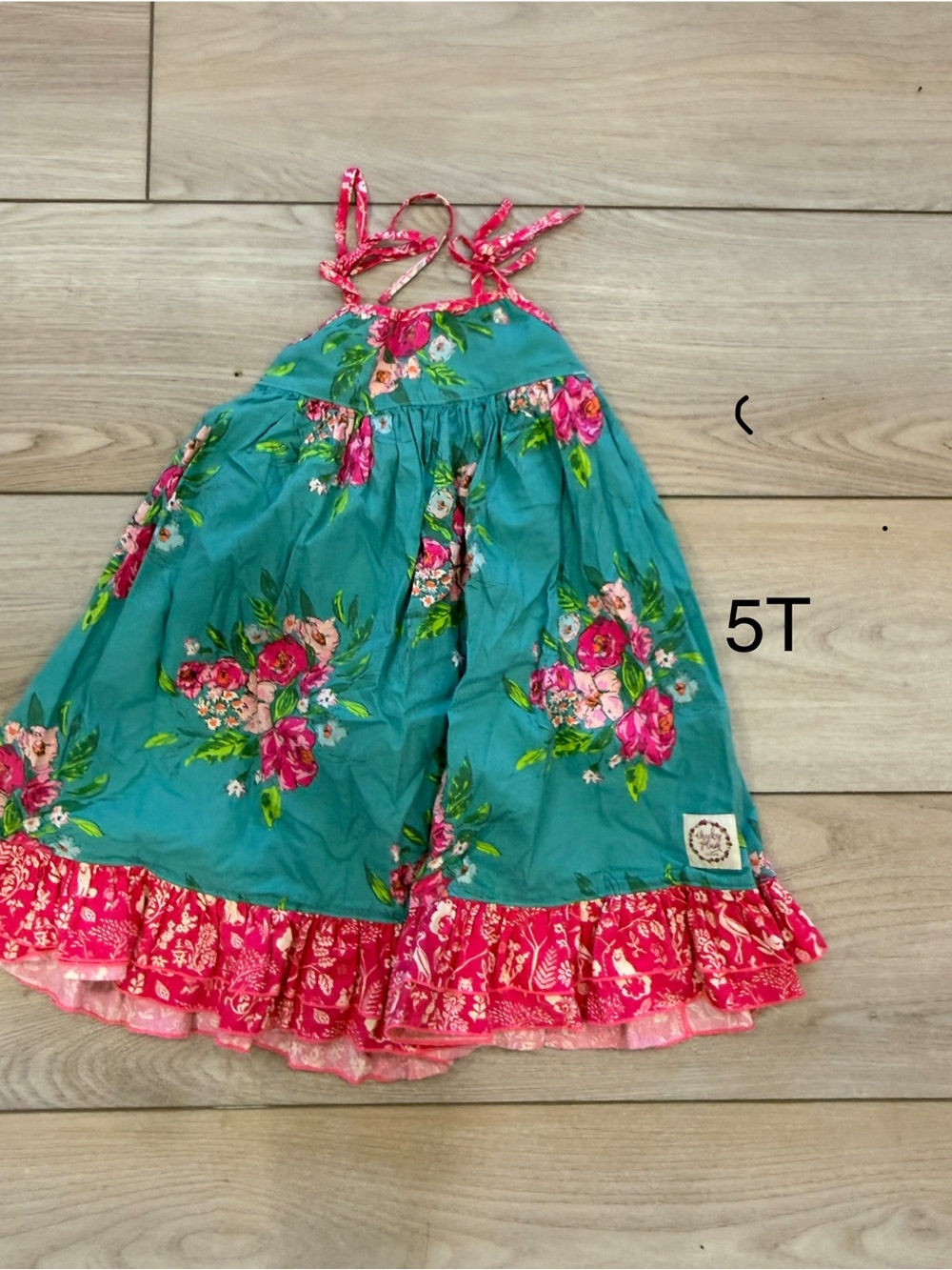 cheeky plum Teal Floral Halter Dress with Pink Ruffle Hem